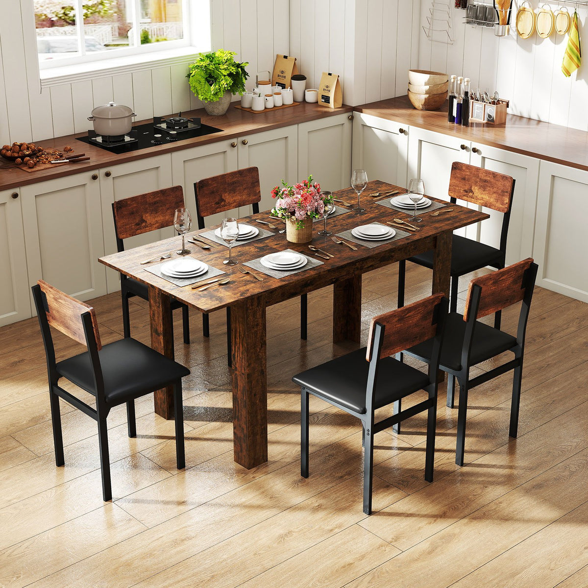 Extendable Dining Table for 4-8 People 47 inches-62 inches Large Rectangular Kitchen Table-Rustic Brown view 3