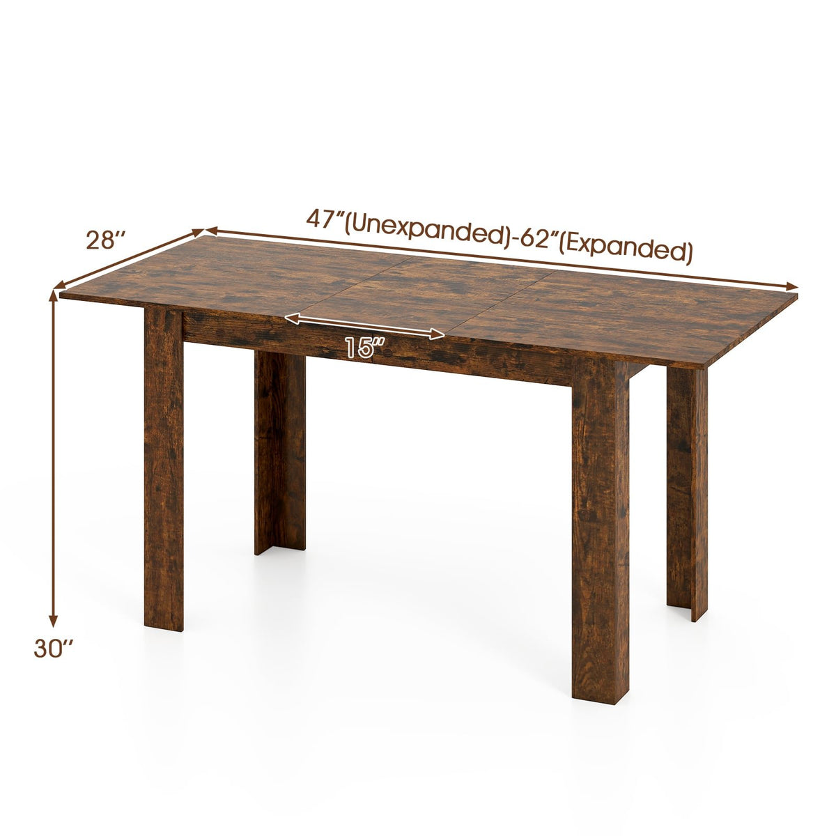 Extendable Dining Table for 4-8 People 47 inches-62 inches Large Rectangular Kitchen Table-Rustic Brown view 5