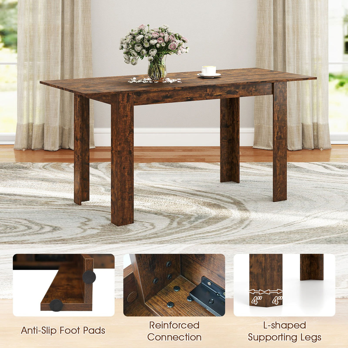 Extendable Dining Table for 4-8 People 47 inches-62 inches Large Rectangular Kitchen Table-Rustic Brown view 7
