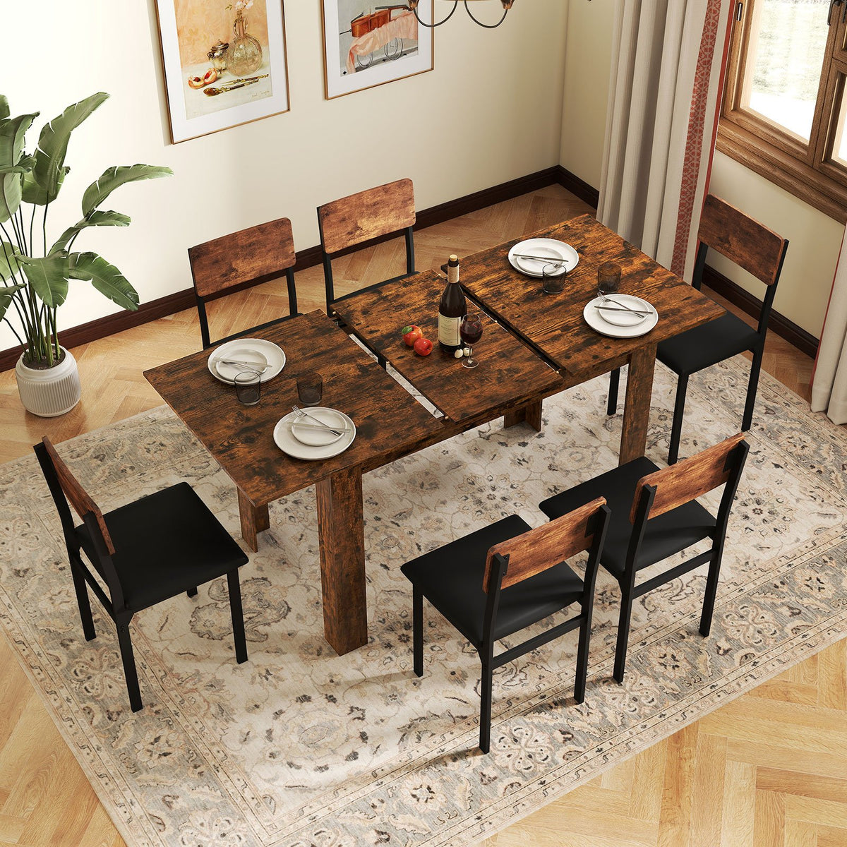 Extendable Dining Table for 4-8 People 47 inches-62 inches Large Rectangular Kitchen Table-Rustic Brown view 8