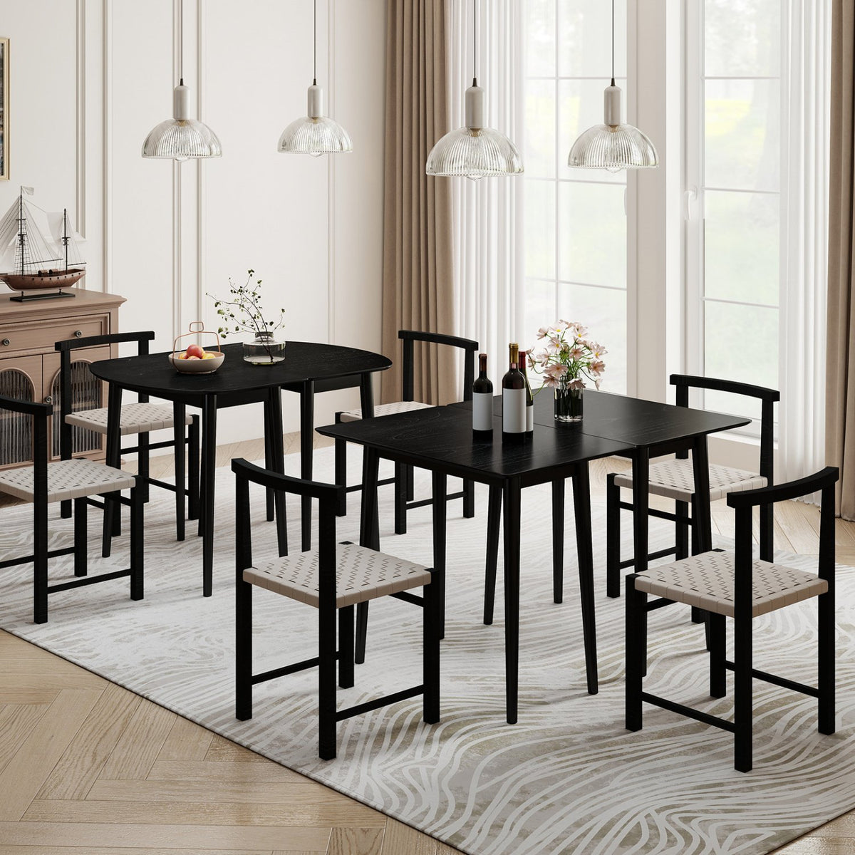 Extendable Dining Table Set with 2 Half-Round and 1 Rectangular Tables-Black view 3