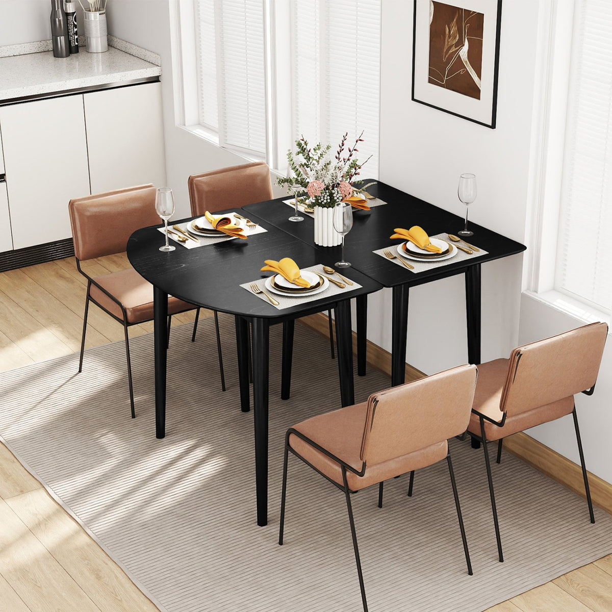 Extendable Dining Table Set with 2 Half-Round and 1 Rectangular Tables-Black view 6