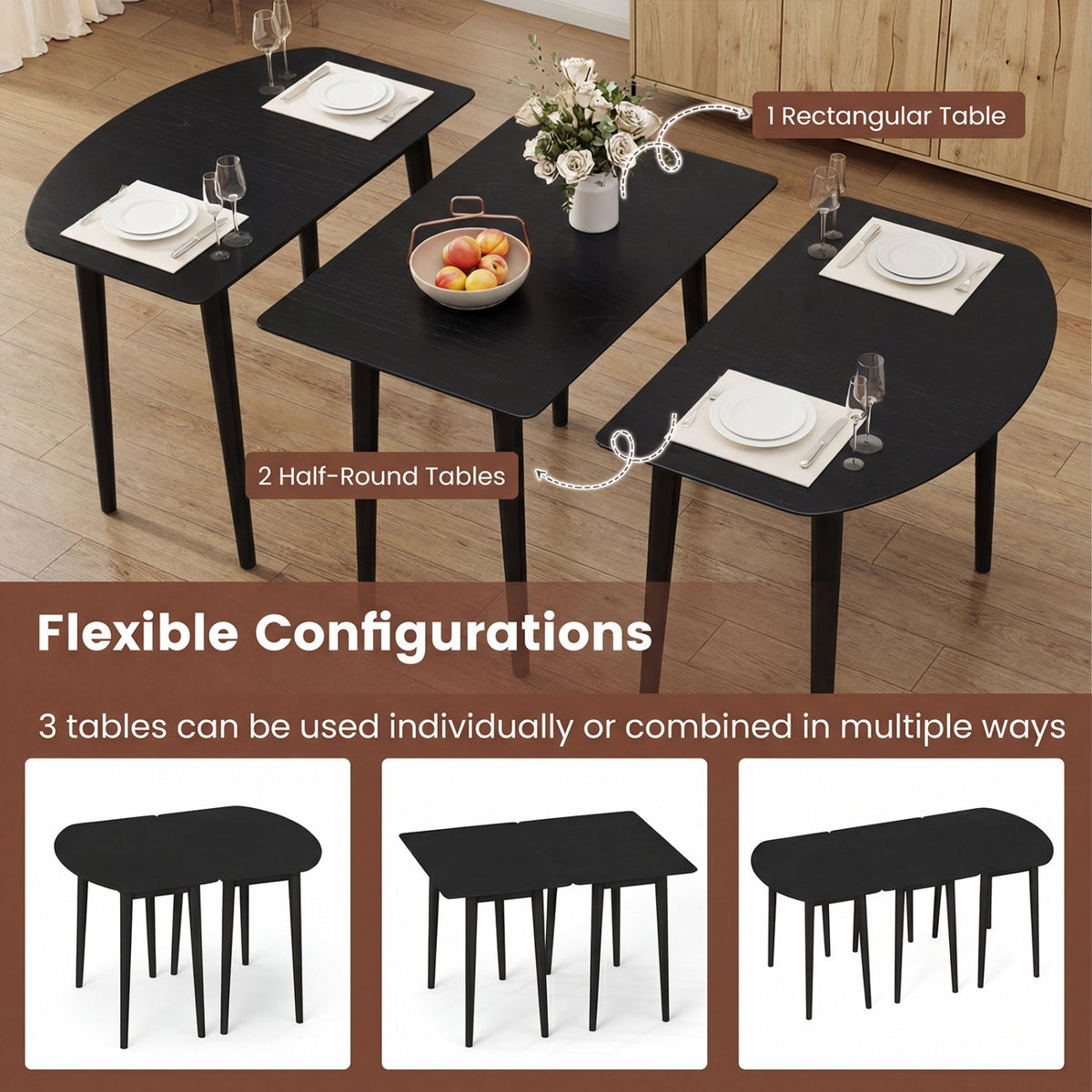 Extendable Dining Table Set with 2 Half-Round and 1 Rectangular Tables-Black view 9