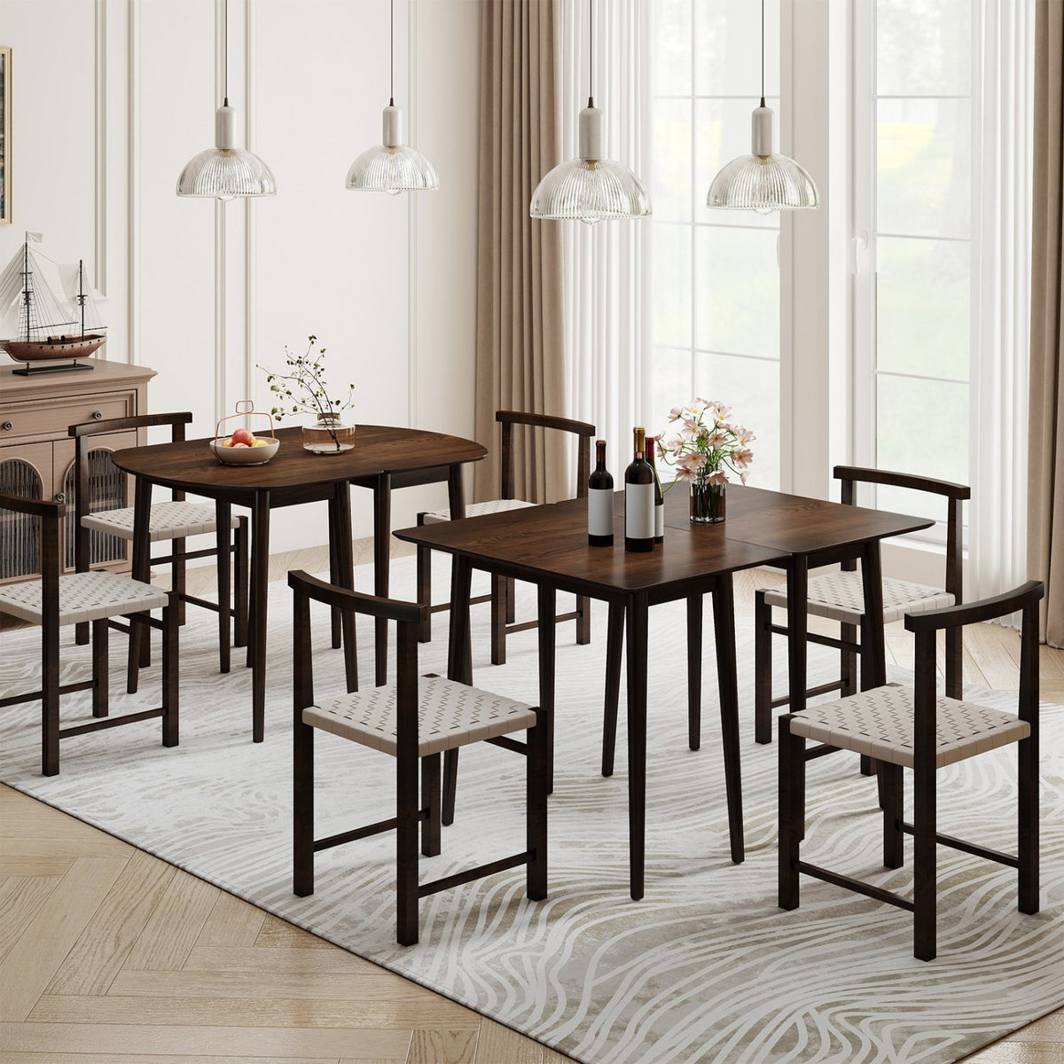 Extendable Dining Table Set with 2 Half-Round and 1 Rectangular Tables-Walnut view 3