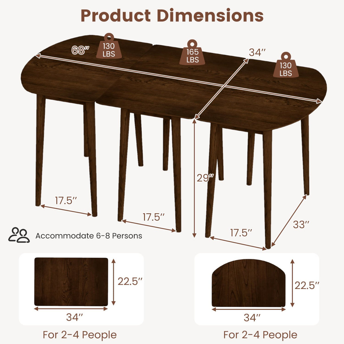 Extendable Dining Table Set with 2 Half-Round and 1 Rectangular Tables-Walnut view 5