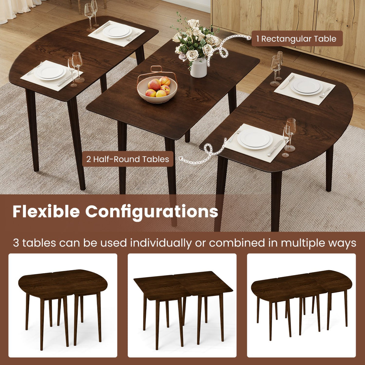 Extendable Dining Table Set with 2 Half-Round and 1 Rectangular Tables-Walnut view 9