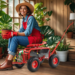 Extendable Handle Garden Cart Rolling Wagon Scooter-Red view 3