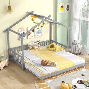 Extendable House Bed Twin to King Daybed with Roof and Fence Rails-Gray view 3