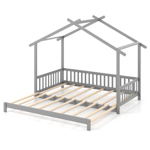 Extendable House Bed Twin to King Daybed with Roof and Fence Rails-Gray view 4