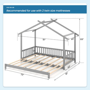 Extendable House Bed Twin to King Daybed with Roof and Fence Rails-Gray view 5