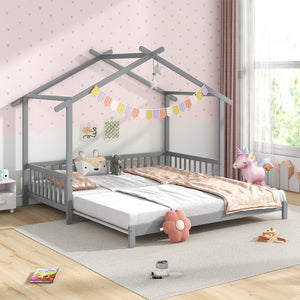 Extendable House Bed Twin to King Daybed with Roof and Fence Rails-Gray view 6