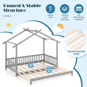 Extendable House Bed Twin to King Daybed with Roof and Fence Rails-Gray view 7