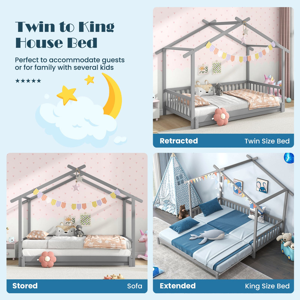Extendable House Bed Twin to King Daybed with Roof and Fence Rails-Gray view 9