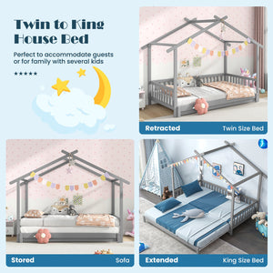 Extendable House Bed Twin to King Daybed with Roof and Fence Rails-Gray view 9