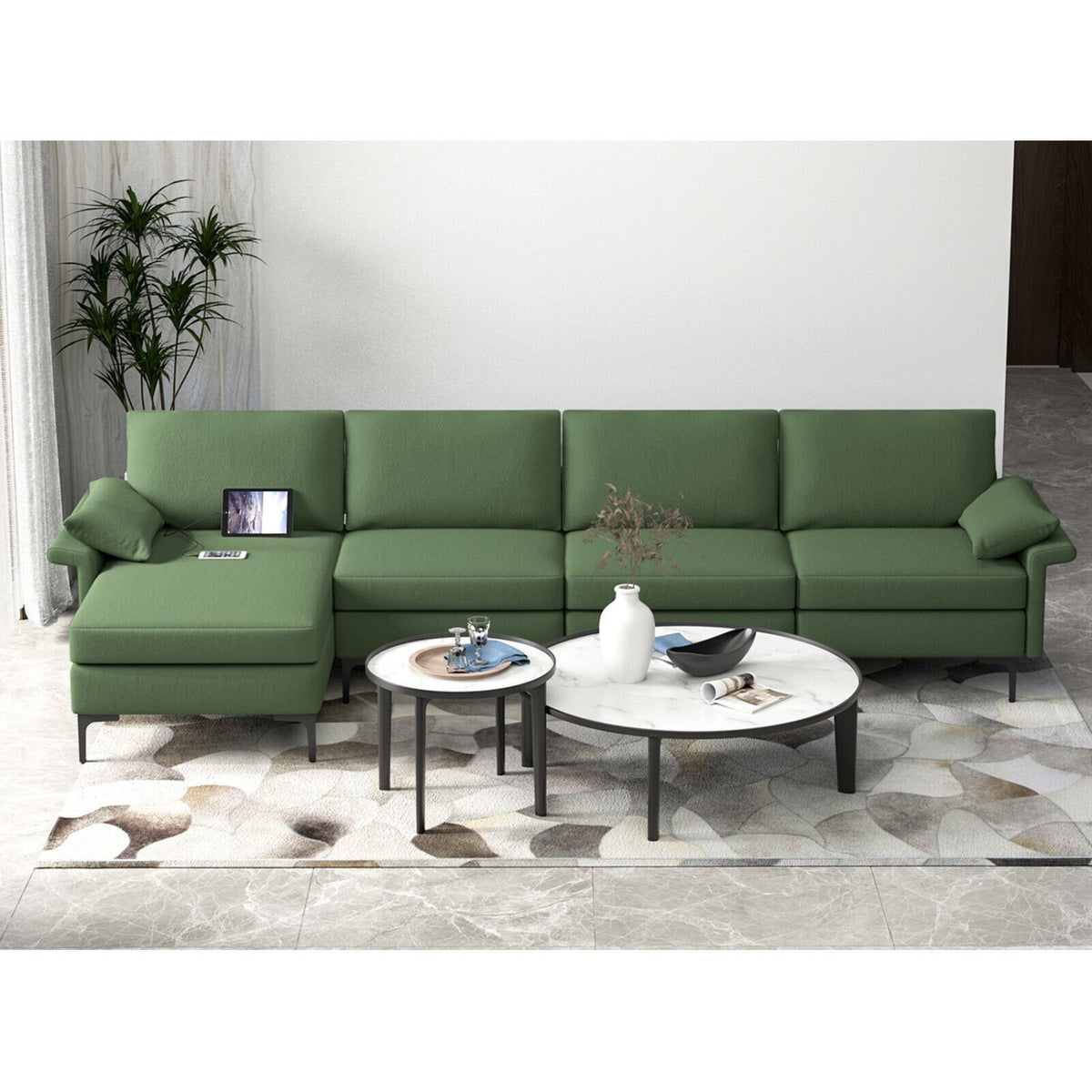 Extra Large L-shaped Sectional Sofa with Reversible Chaise and 2 USB Ports for 4-5 People-Army Green view 3