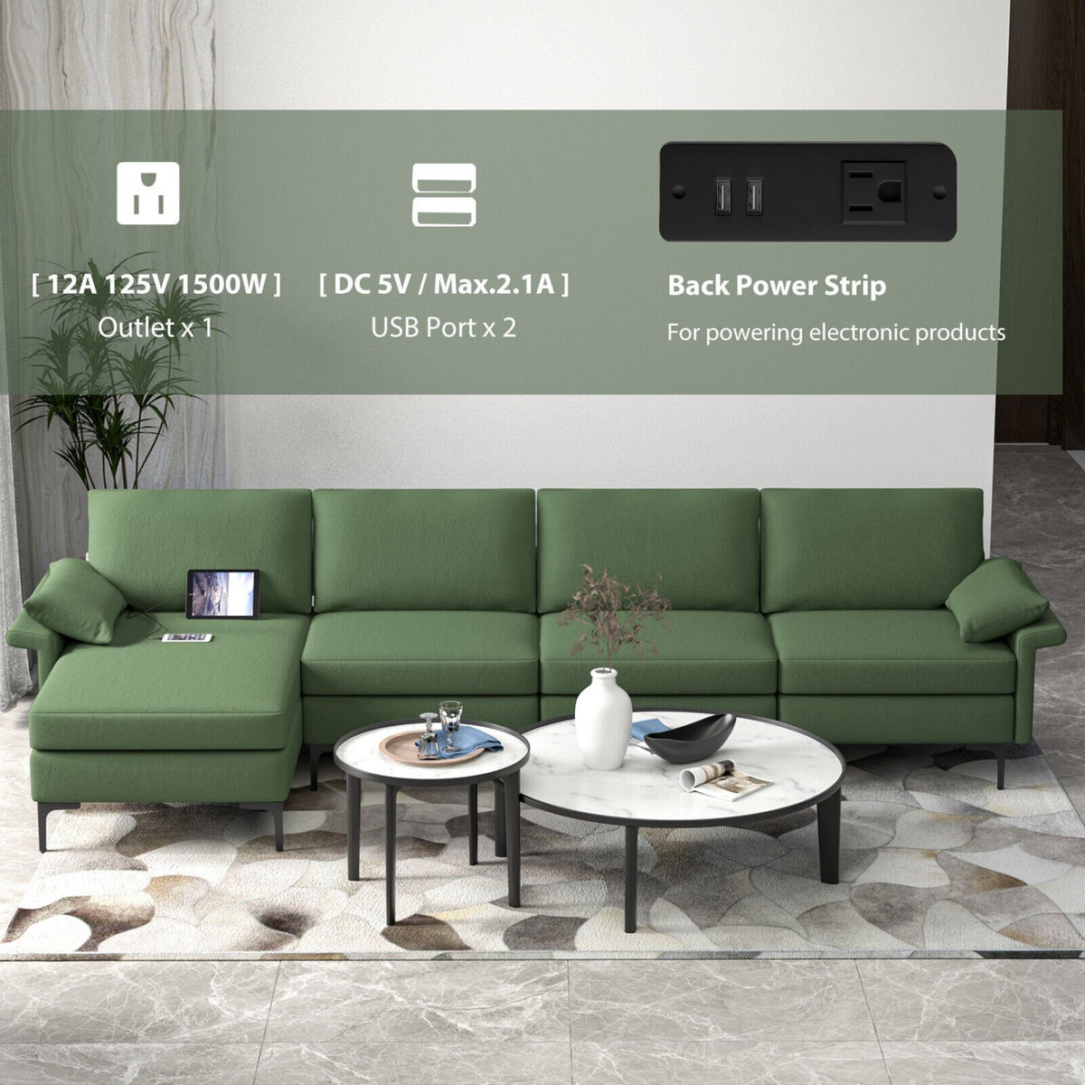 Extra Large L-shaped Sectional Sofa with Reversible Chaise and 2 USB Ports for 4-5 People-Army Green view 6