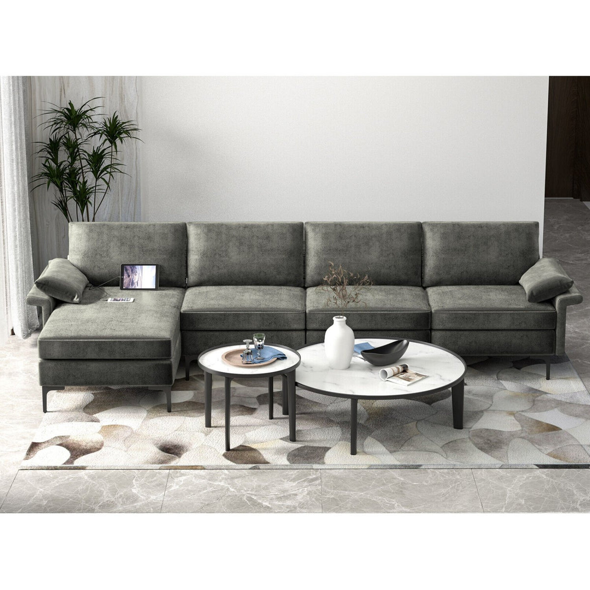 Extra Large L-shaped Sectional Sofa with Reversible Chaise and 2 USB Ports for 4-5 People-Gray view 3