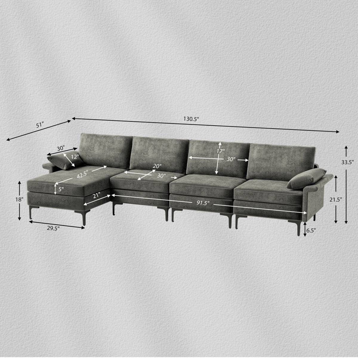 Extra Large L-shaped Sectional Sofa with Reversible Chaise and 2 USB Ports for 4-5 People-Gray view 5