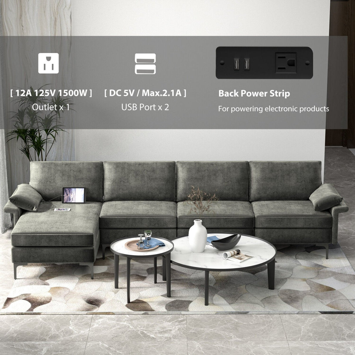 Extra Large L-shaped Sectional Sofa with Reversible Chaise and 2 USB Ports for 4-5 People-Gray view 6