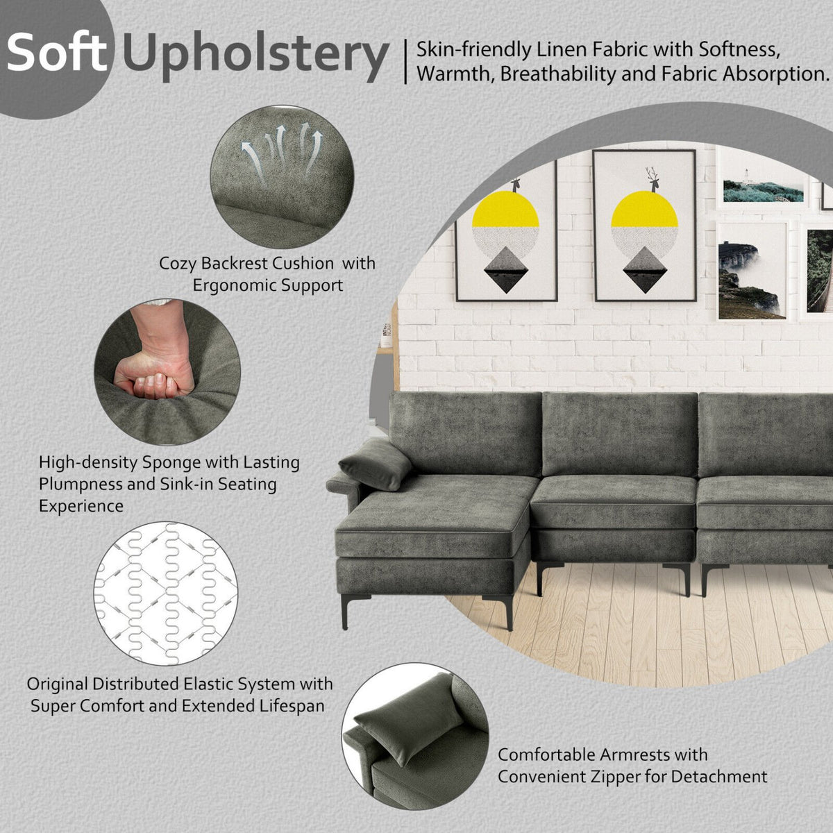 Extra Large L-shaped Sectional Sofa with Reversible Chaise and 2 USB Ports for 4-5 People-Gray view 8