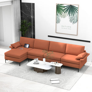 Extra Large L-shaped Sectional Sofa with Reversible Chaise and 2 USB Ports for 4-5 People-Rust Red view 2