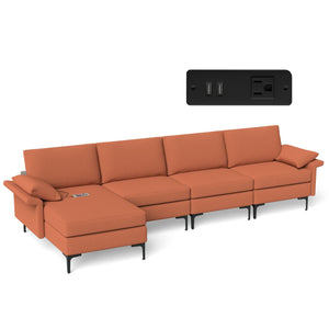 Extra Large L-shaped Sectional Sofa with Reversible Chaise and 2 USB Ports for 4-5 People-Rust Red view 4