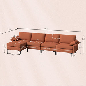 Extra Large L-shaped Sectional Sofa with Reversible Chaise and 2 USB Ports for 4-5 People-Rust Red view 5