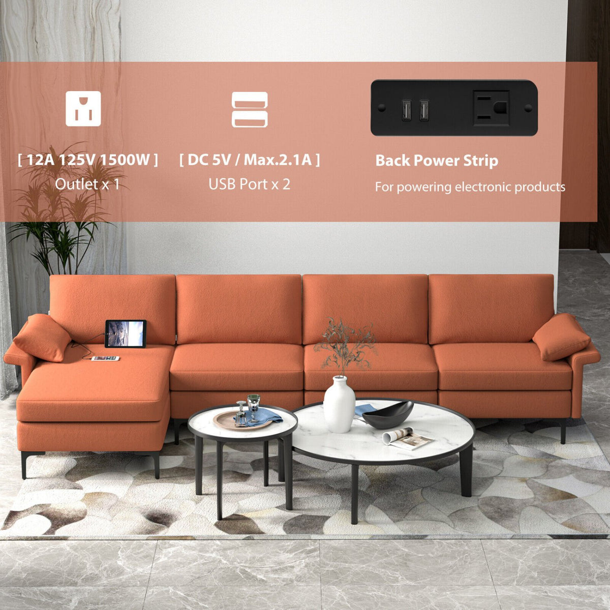 Extra Large L-shaped Sectional Sofa with Reversible Chaise and 2 USB Ports for 4-5 People-Rust Red view 6
