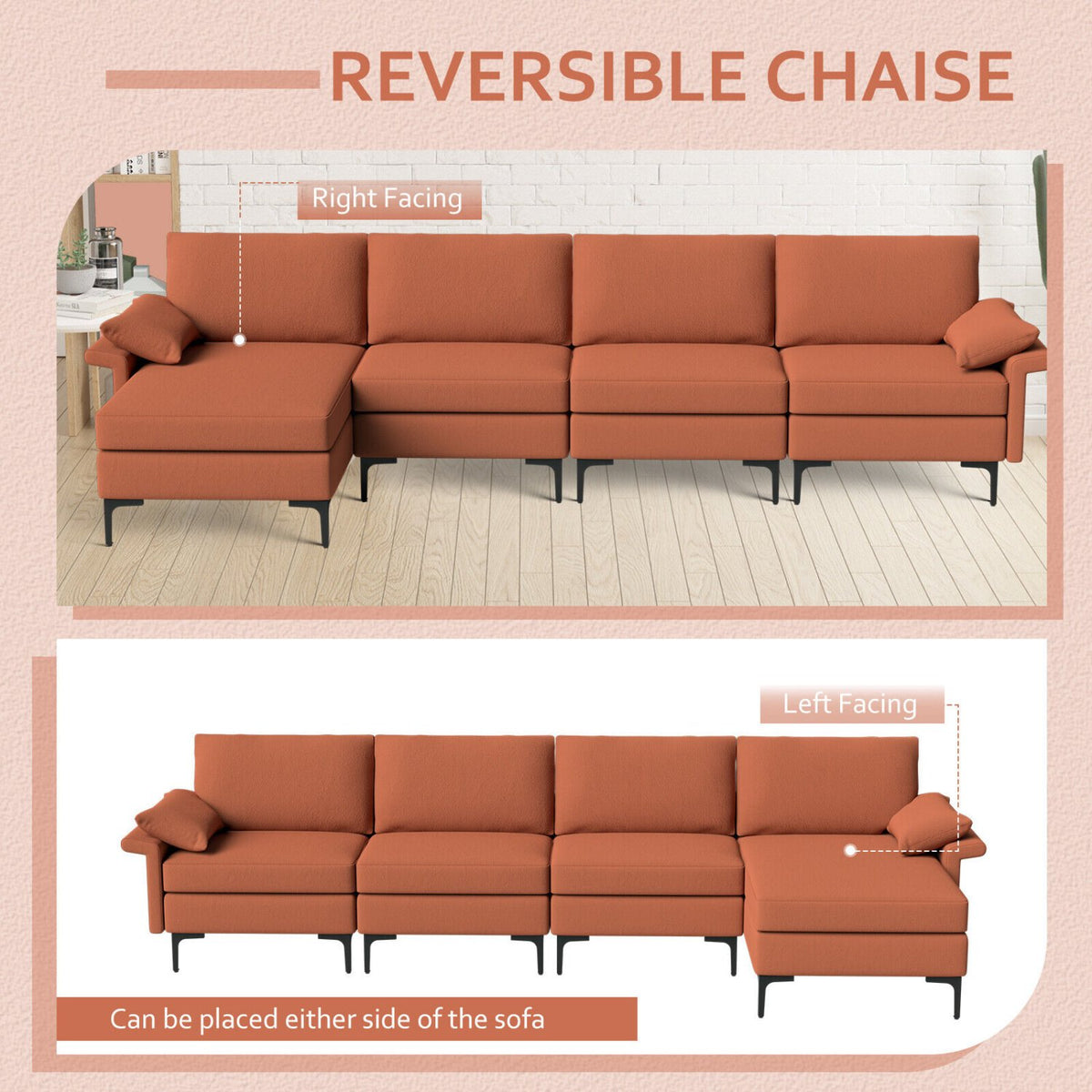 Extra Large L-shaped Sectional Sofa with Reversible Chaise and 2 USB Ports for 4-5 People-Rust Red view 7