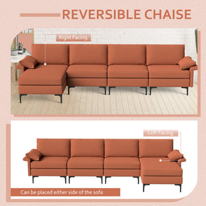 Extra Large L-shaped Sectional Sofa with Reversible Chaise and 2 USB Ports for 4-5 People-Rust Red view 7