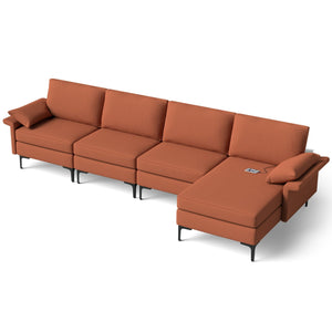 Extra Large L-shaped Sectional Sofa with Reversible Chaise and 2 USB Ports for 4-5 People-Rust Red view 8