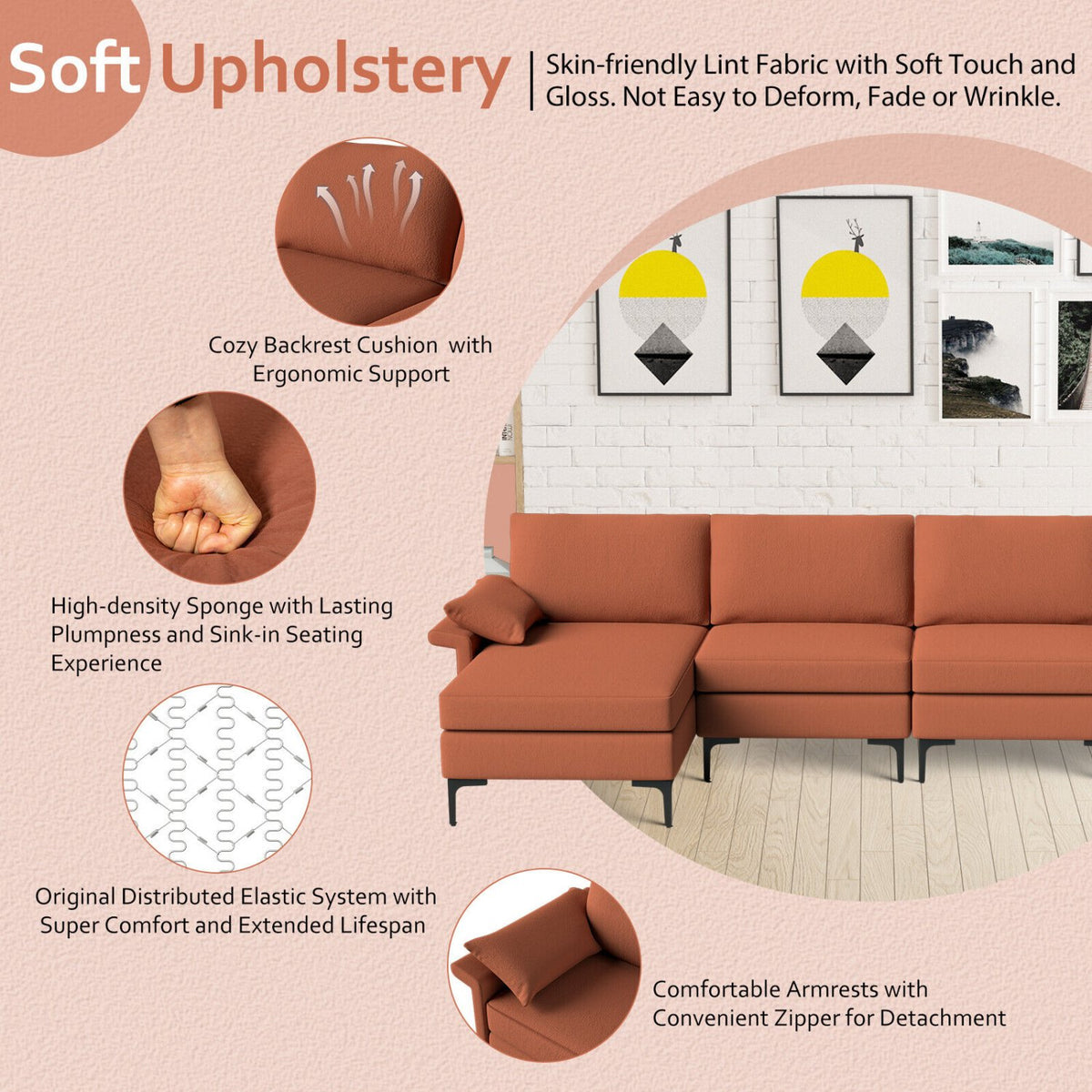 Extra Large L-shaped Sectional Sofa with Reversible Chaise and 2 USB Ports for 4-5 People-Rust Red view 9