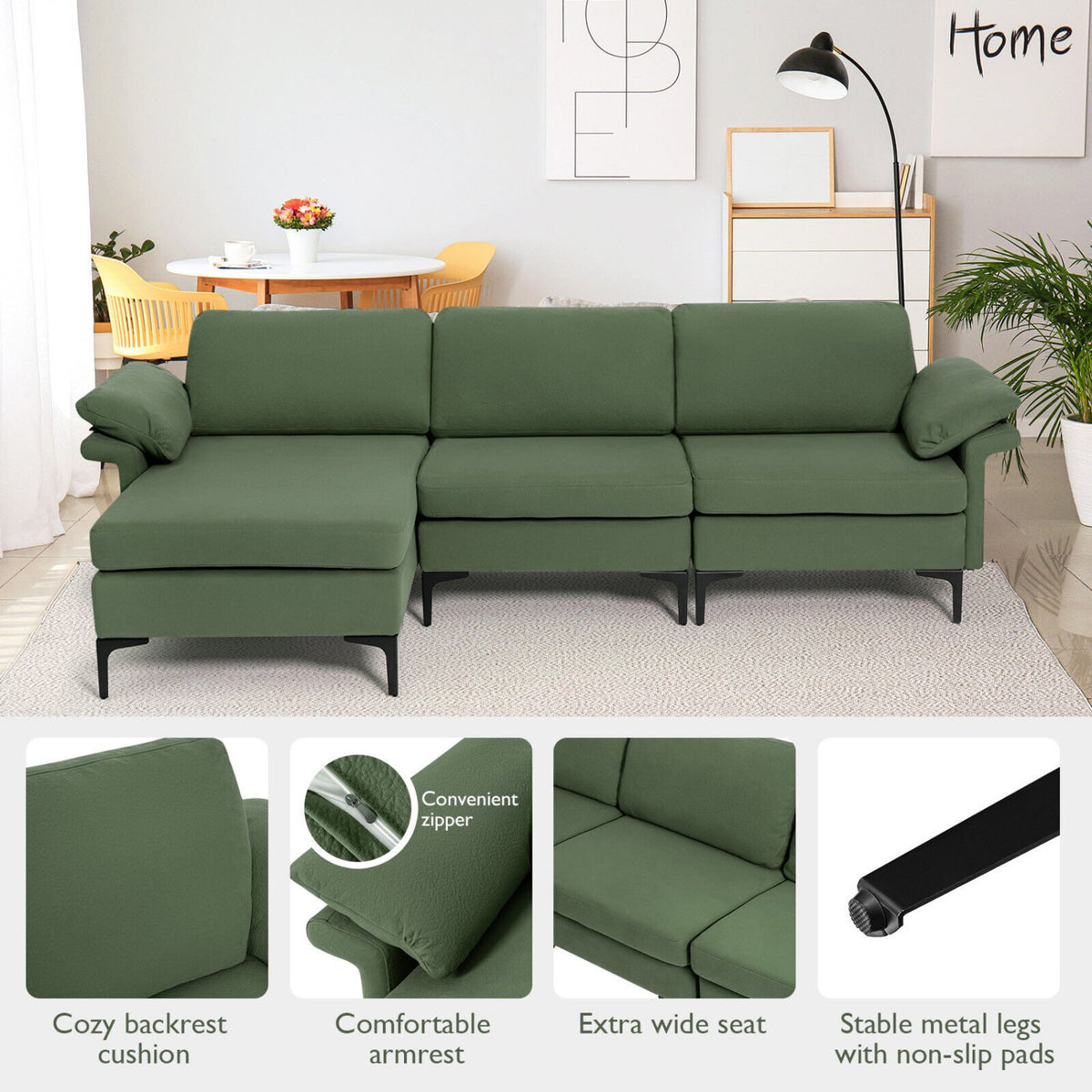 Extra Large Modular L-shaped Sectional Sofa with Reversible Chaise for 4-5 People-Army Green view 6