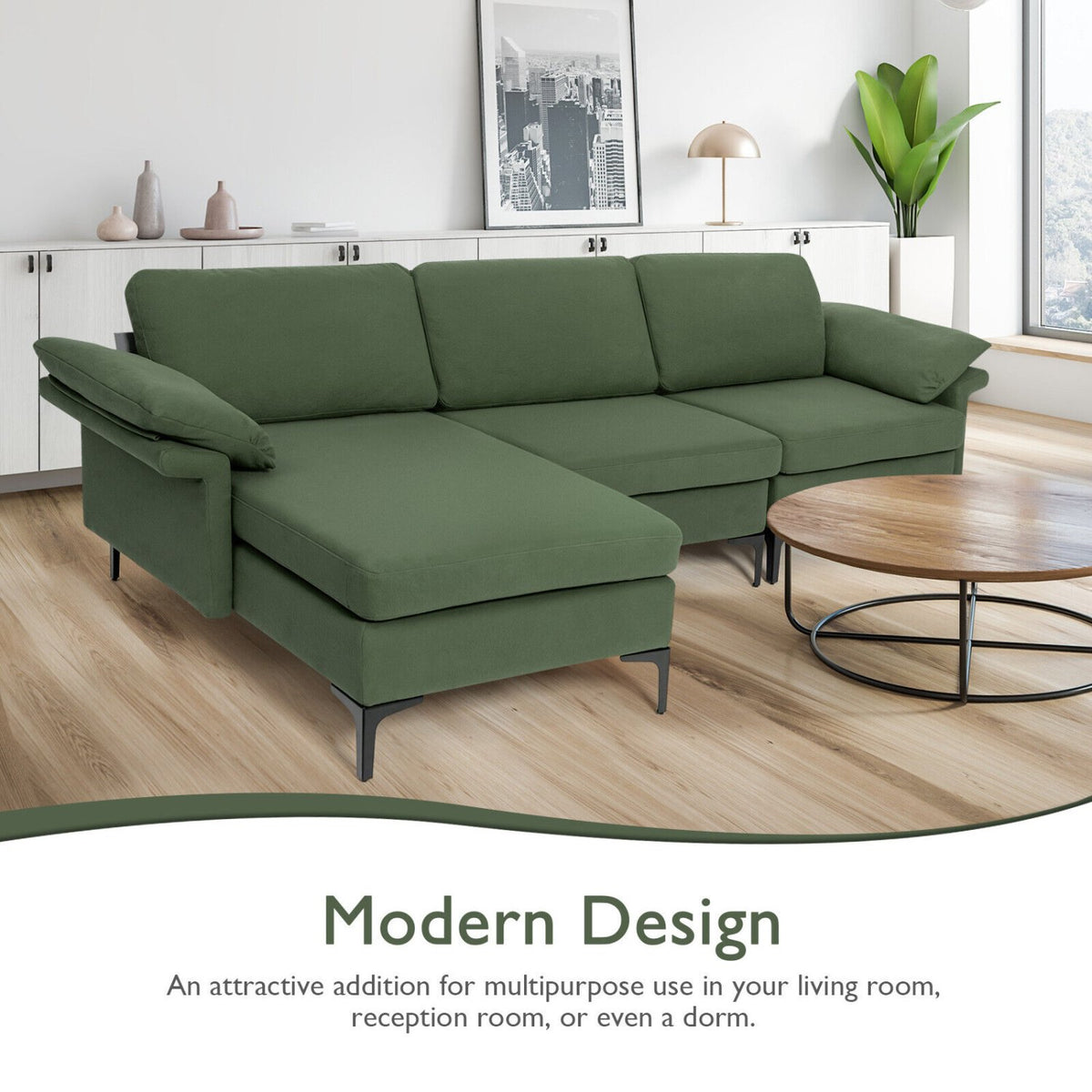 Extra Large Modular L-shaped Sectional Sofa with Reversible Chaise for 4-5 People-Army Green view 9