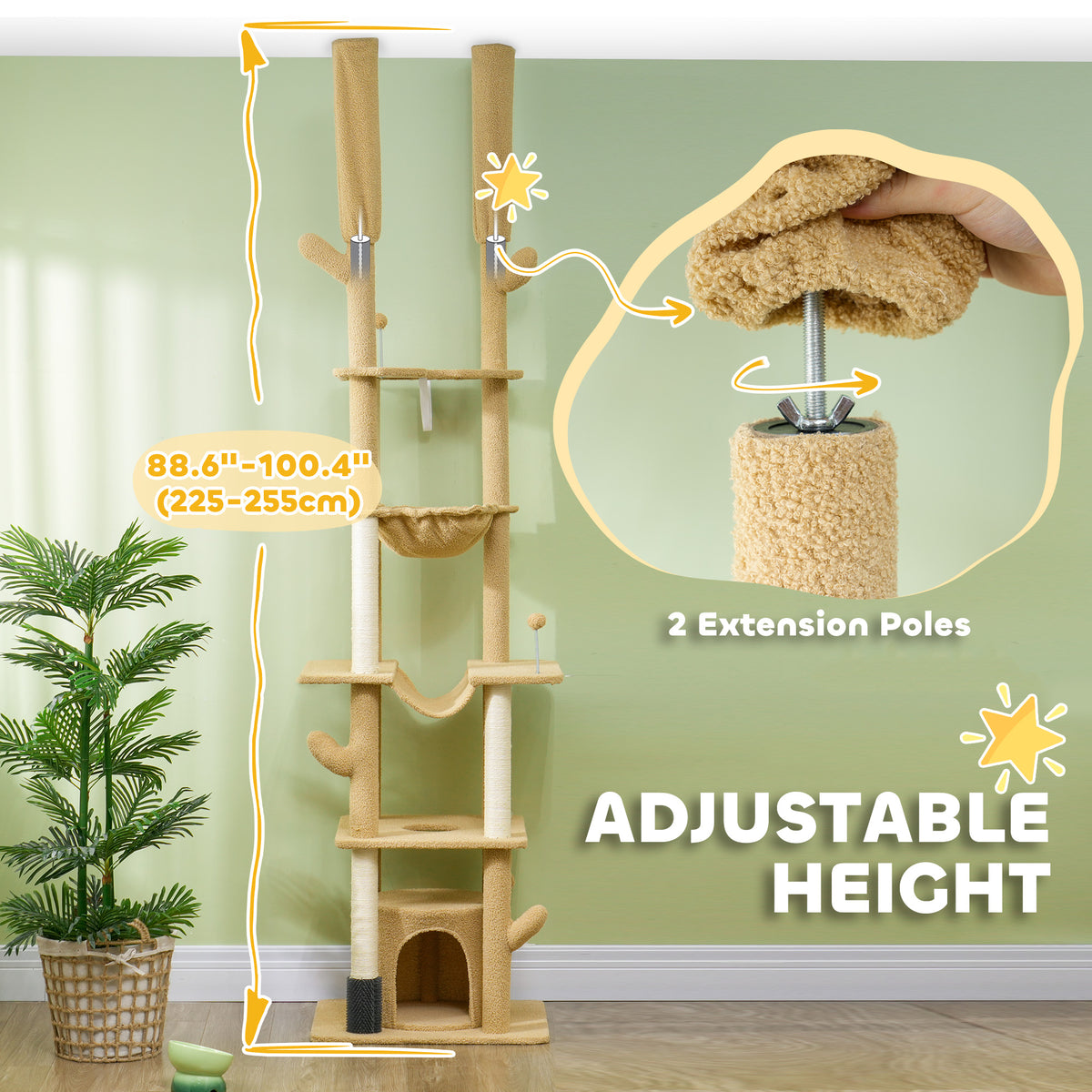 89"-100" Floor to Ceiling Cat Tree Cat Tower for Large Cats w/ Scratching Posts, Grooming Brush Post, Cat Condo, Brown