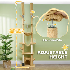 89"-100" Floor to Ceiling Cat Tree Cat Tower for Large Cats w/ Scratching Posts, Grooming Brush Post, Cat Condo, Brown