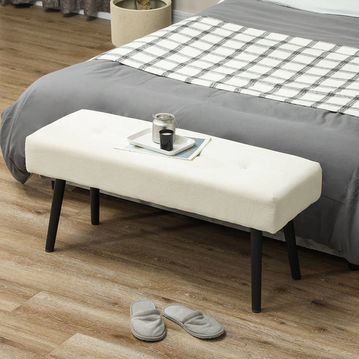 39" Upholstered Ottoman Bench, Corduroy Entryway Bedroom Bench with Padded Seat and Steel Legs for Bedroom – view 7