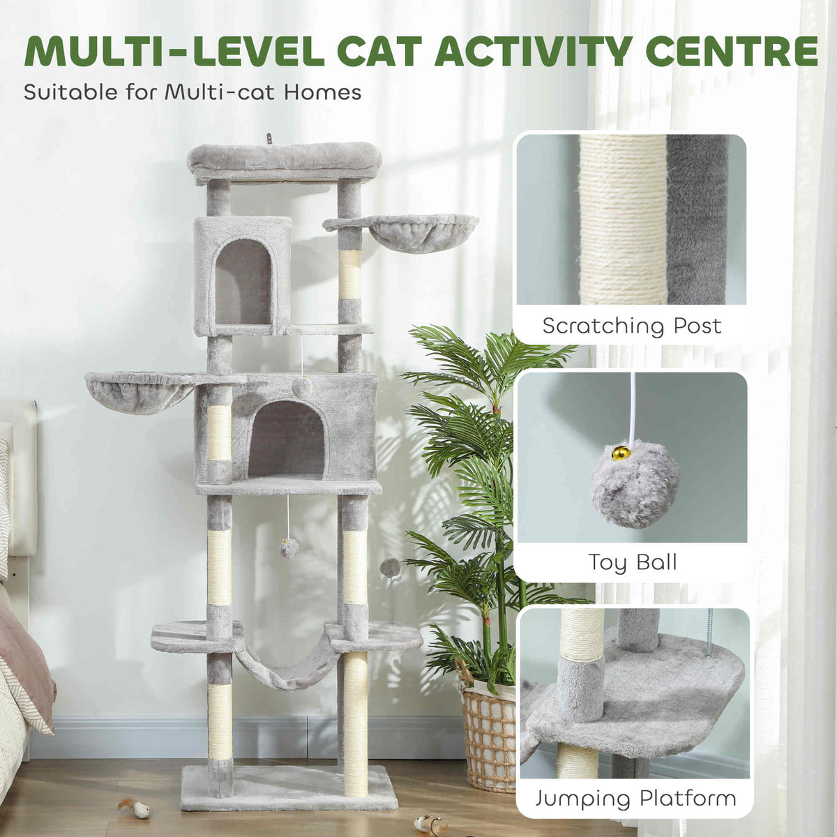 69" Cat Tree, Multi-Level Cat Tower with 2 Condos, Plush Perch and Sisal Scratching Posts, Dark Grey – view 10