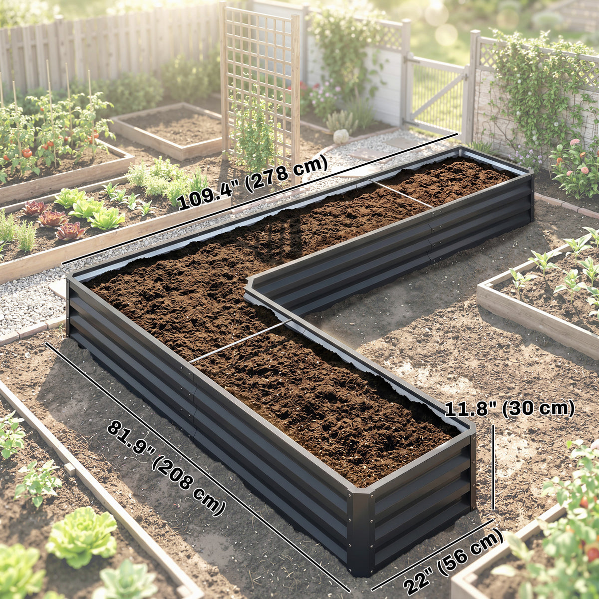 L-Shaped Raised Garden Bed, 82" x 109" x 12" Galvanized Steel Planter Box with Multi-reinforced Rods for – view 7