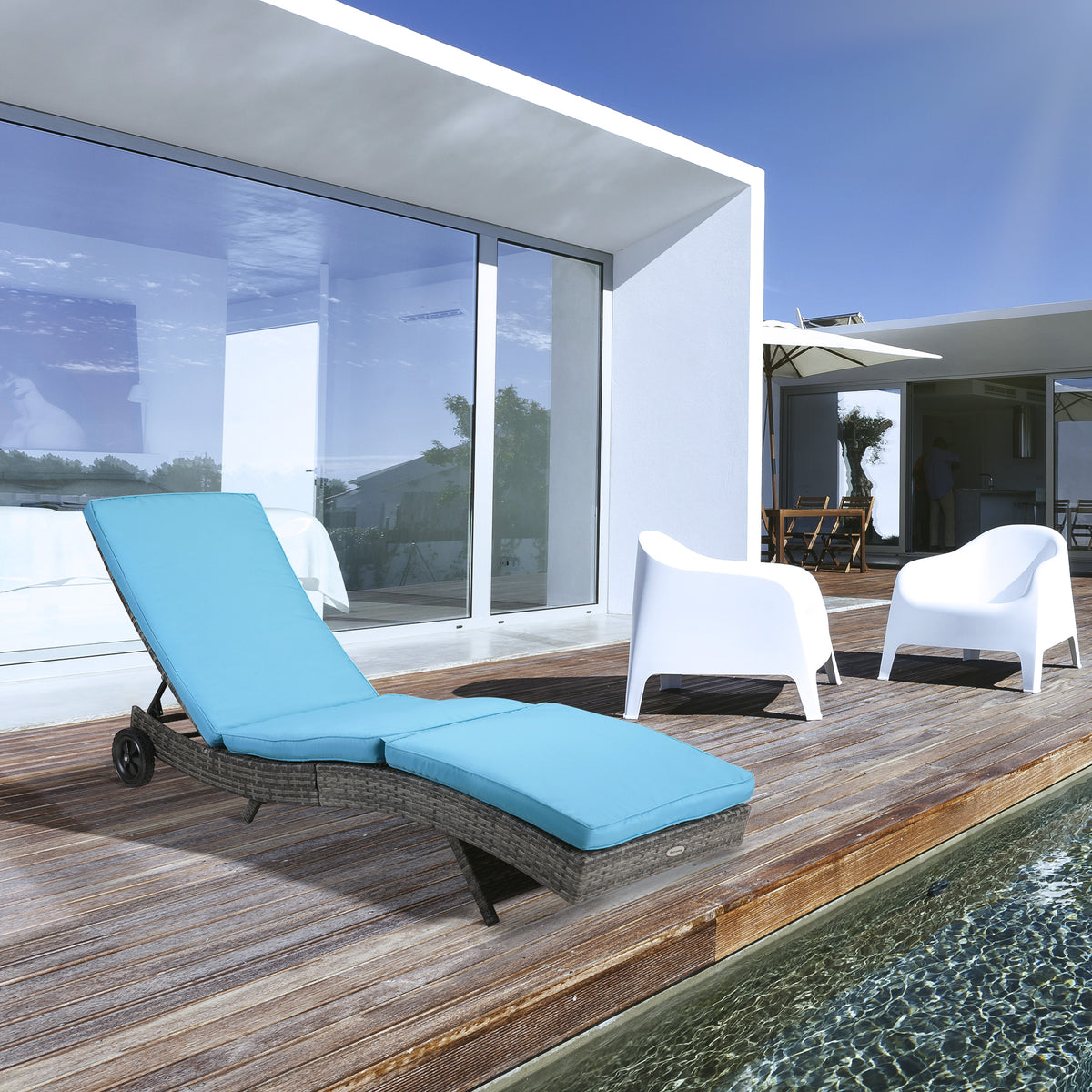 Outdoor Adjustable Wicker Chaise Lounge Chair with Cushion & Wheels for Patio, Deck, Poolside, Sky Blue