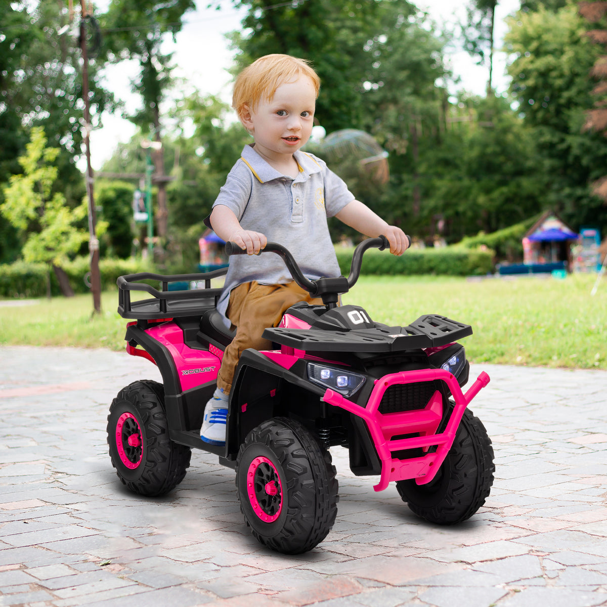 Qaba Kids ATV, 12V Battery Powered Electric Ride on Toy w/ Spring Suspension, Storage Basket, High & Low Speed