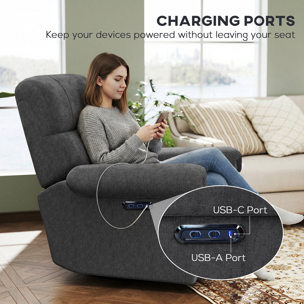 Power Recliner Chair, Fabric Upholstered Recliner Chair with USB Ports, Swivel and Rocking Function – view 13