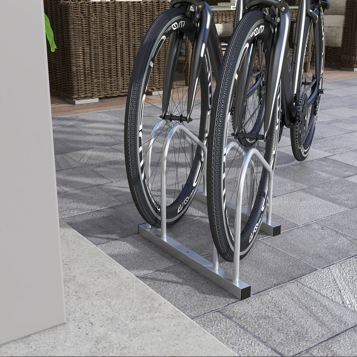 2-Bike Adjustable Bike Rack, Steel Bike Stand, Ground Mount Garage Organizer for Indoor and Outdoor Use, Silver