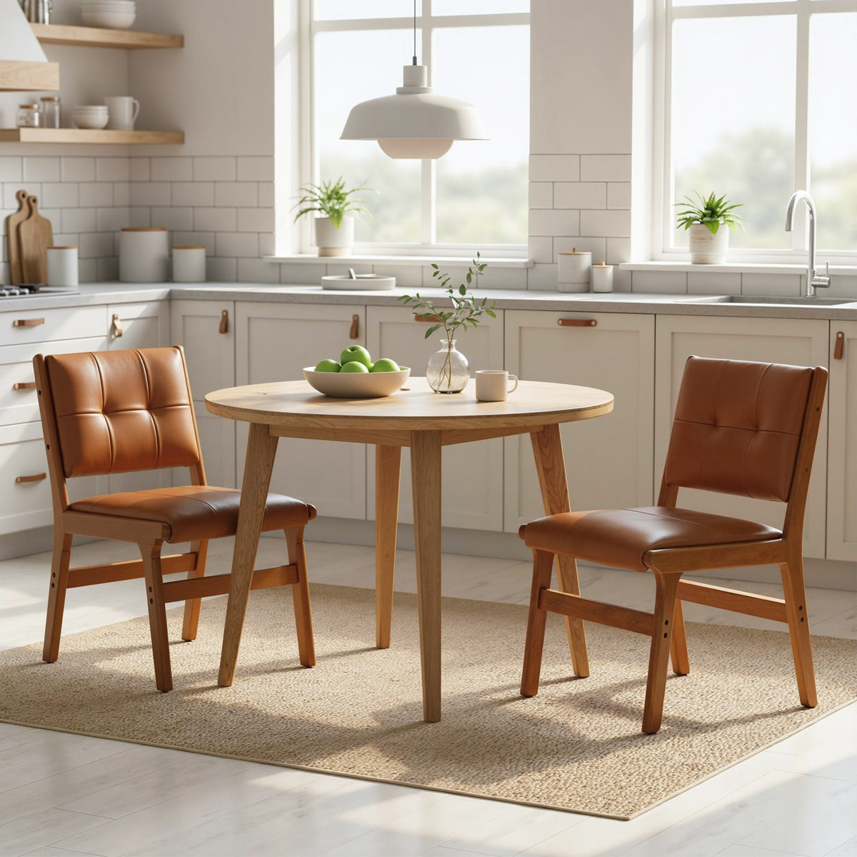 Set of 2 Kitchen Chairs, Button Tufted PU Leather Upholstered Dining Chairs with Rubberwood Legs for Dining Room, Brown