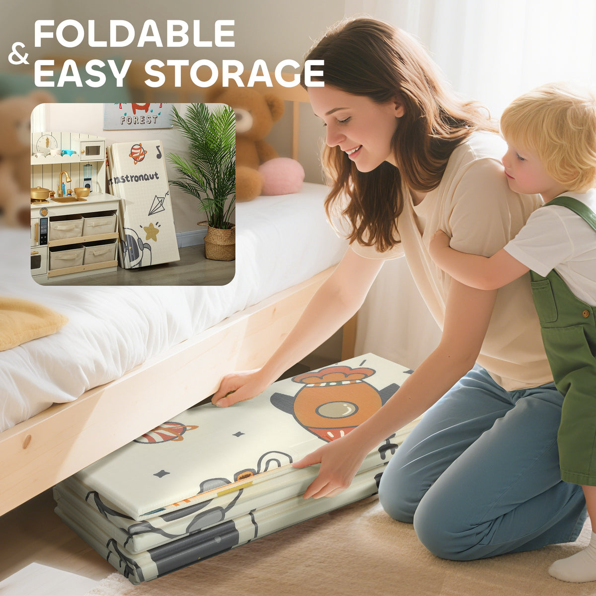 Qaba Foldable Baby Plat Mat, 77" x 69" Kids Floor Mat for Crawling and Learning, Astronaut & Planet Theme