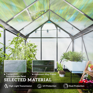 Greenhouse Garden, Green House, Outdoor Greenhouse Kit, PC Board with Sliding Door, 6.2' x 6.3' x 6.6', Grey