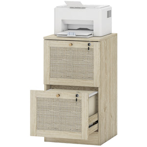 2 Drawer Filing Cabinet with Lock, Boho File Cabinet for A4 Letter Size Files with Decorative Rattan