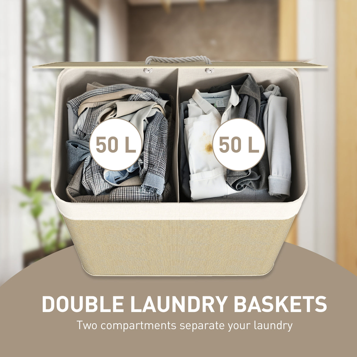 Double Laundry Basket with Lid, 100L Bamboo Laundry Hamper with Rope Handles and Removable Bags, Brown – view 10