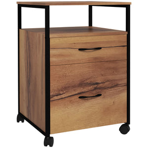 Vertical Filing Cabinet with Wheels, 26.2" Tall File Cabinet with 2 Drawers, Open Shelf, Hanging Bars for Letter and A4, Industrial Home Office Printer Stand, Rustic Brown