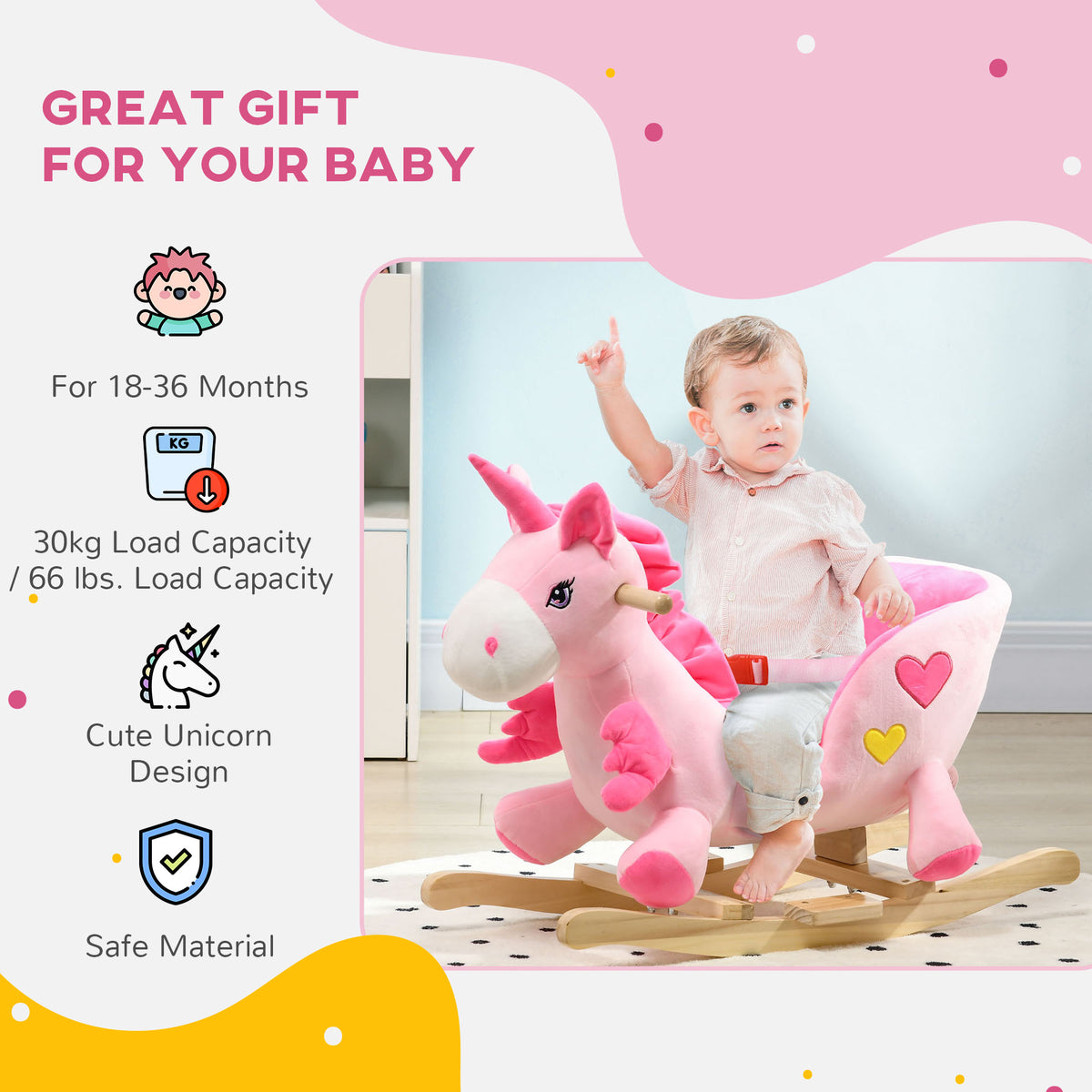 Qaba Baby Rocking Horse, Plush Animal Rocker for Toddlers Aged 18-36 Months, Stuffed Ride Toy with Sounds, Seat Belt, Pink